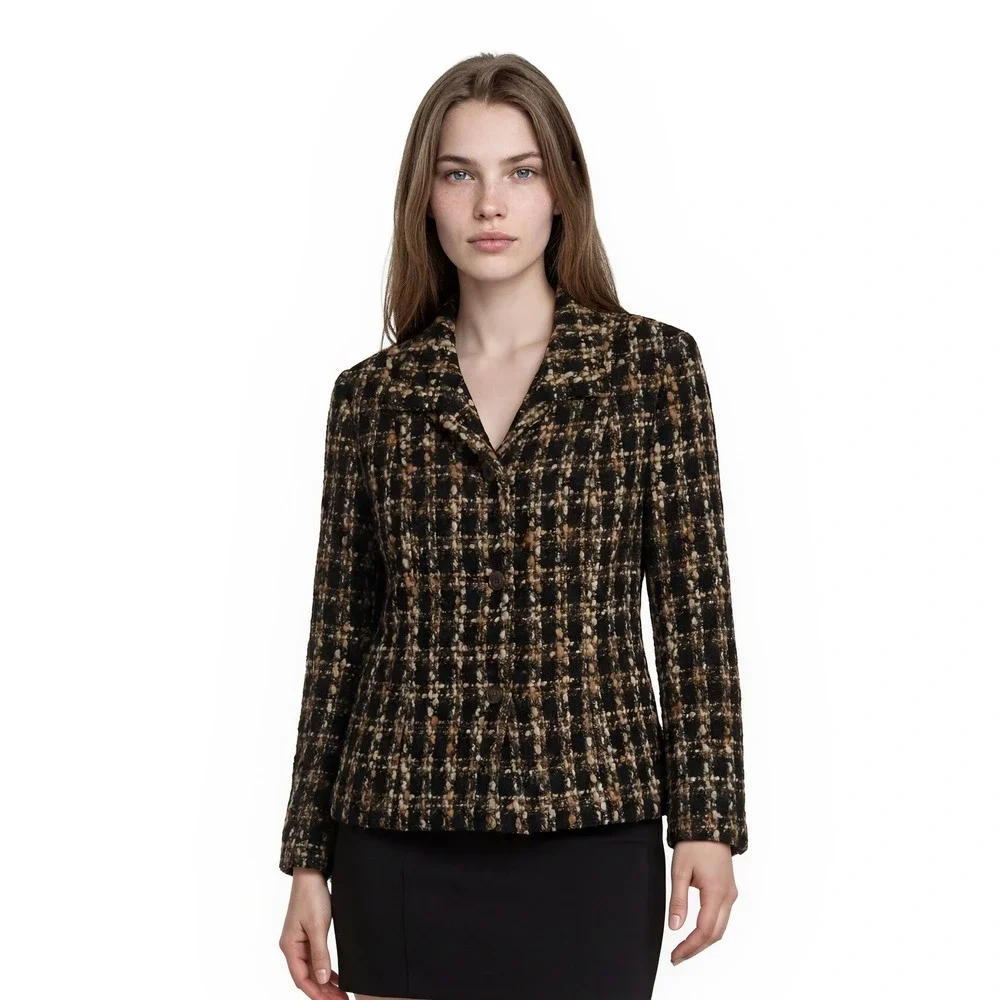 Talbots Blazer Women's Size 10 Black Tan Plaid Boucle Tweed Jacket Vintage‎